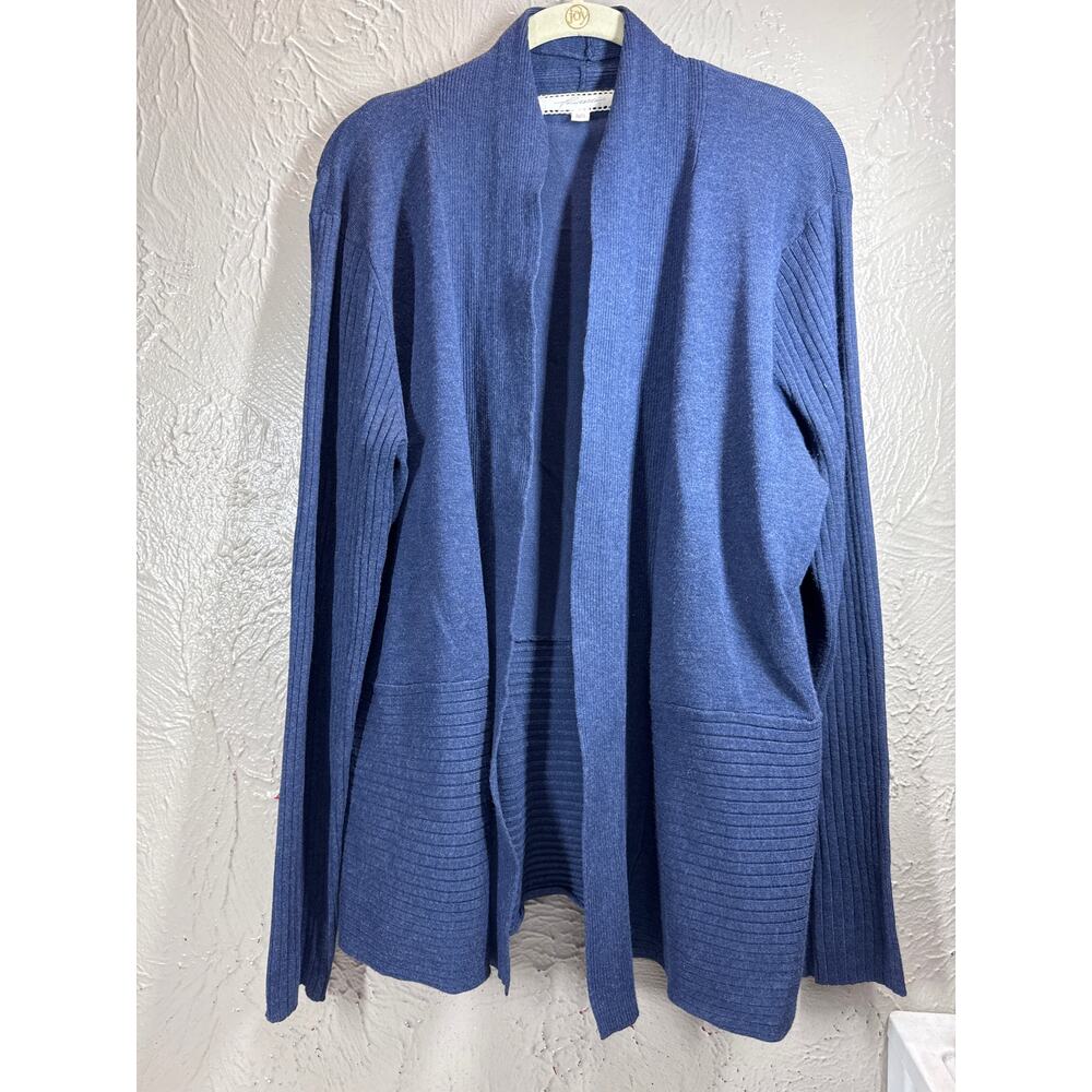 Pointelle Cardigan Womens Blue Open Front Knit Ribbed Minimalist Sweater Size XL